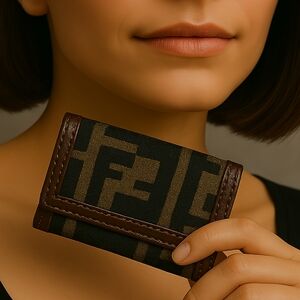 Luxury Fendi Zucca Pattern Brown Leather Six-Hook Key Case 3.75 x 2.25 in #04"